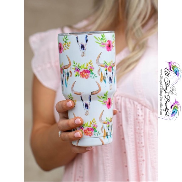 •L&B Texas Tumbler - White Floral Bull Design• - Picture 4 of 8